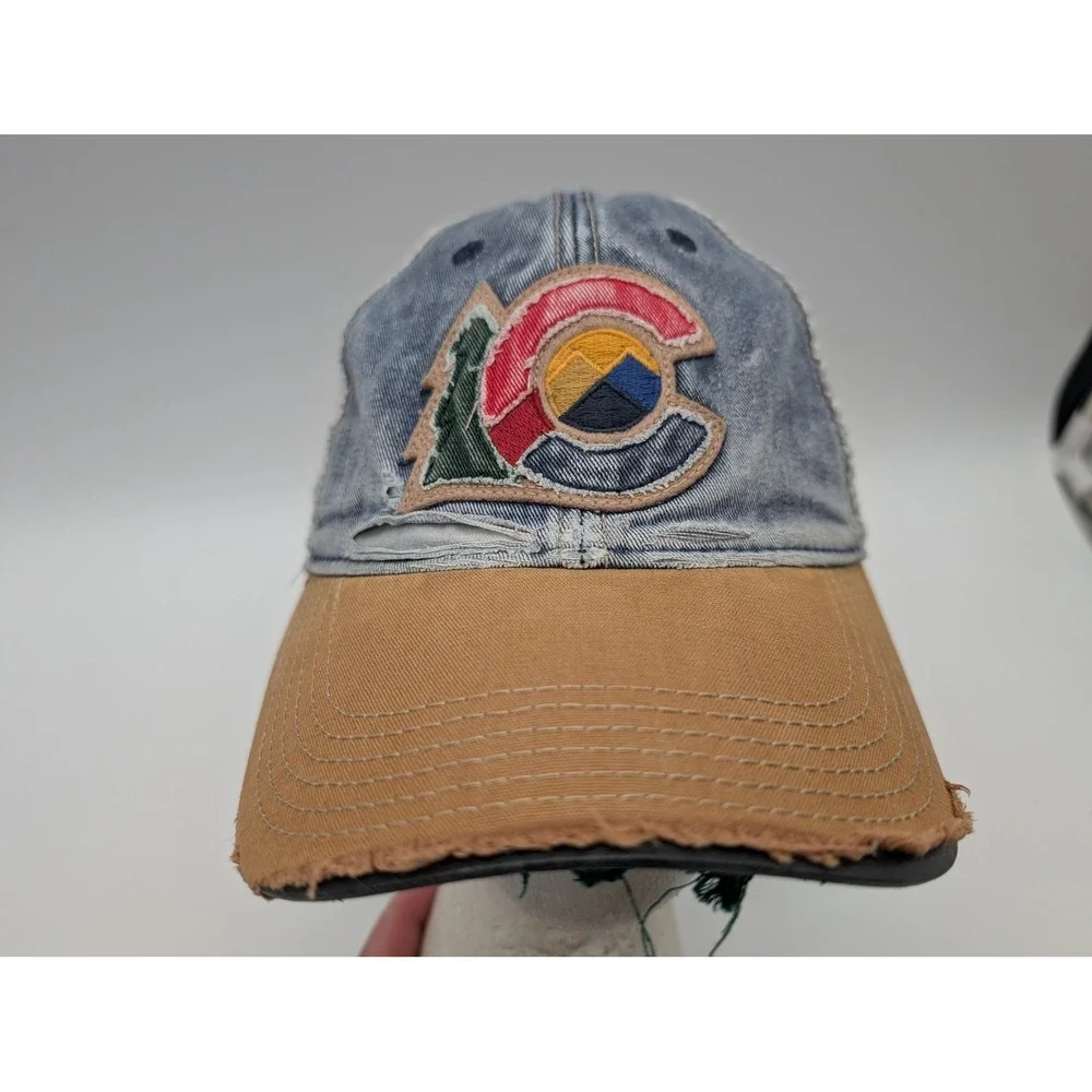 Legacy Old Favorite Colorado Trucker Hat Snapback Distressed Denim Mesh Blue Tan